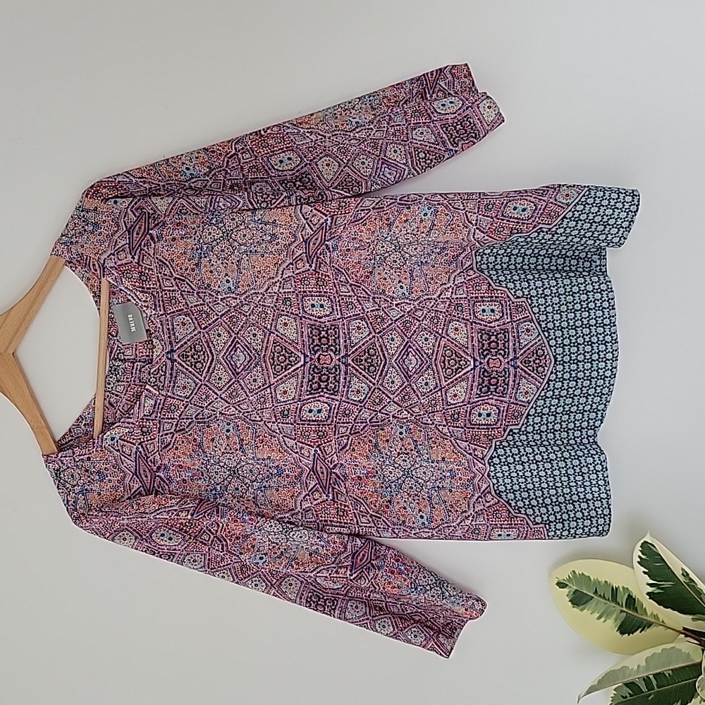 Maeve silk top, size 10, silk tunic, multicolor pattern blouse, Maeve cardigan